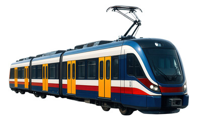 Articulated electric train with pantograph at an urban station platform.