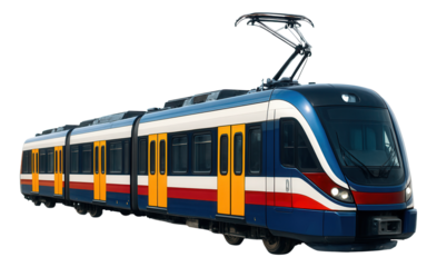 Articulated electric train with pantograph at an urban station platform.
