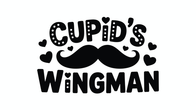Playful Cupid's Wingman graphic with mustache and hearts