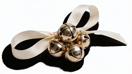 Decorative jingle bells with white ribbon on black background  