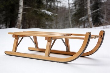 Wooden sled placed on snow in winter landscape  