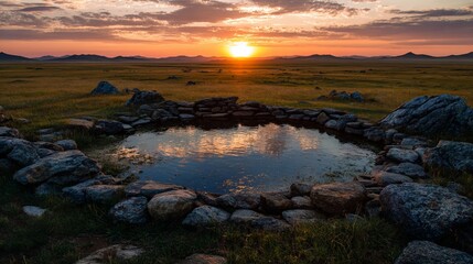 Tranquil pond with stone walls reflects a vibrant sunset over an expansive grassy landscape