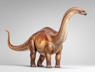 3D Illustration of Brontosaurus Dinosaur Standing on All Fours with Long Neck and Tail, Detailed Textures and Colours, Isolated on Grey Background
