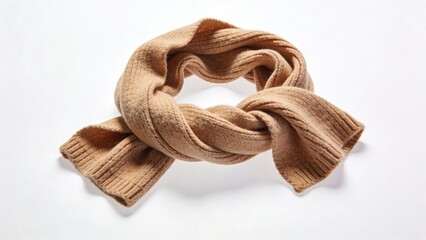 Cozy knitted beige scarf arranged in stylish knot on white background  