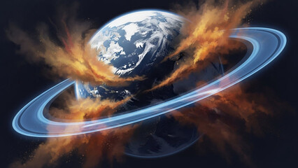 Abstract globe partially covered by dust clouds, with clean air ring forming around it.