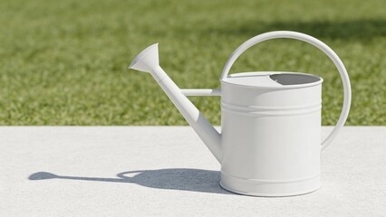 White metal watering can on concrete surface in sunny outdoor garden  