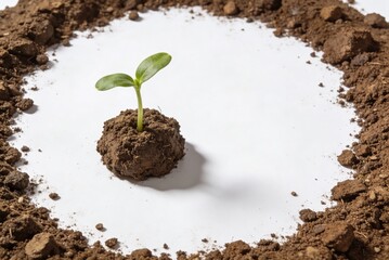 Green seedling growing in soil on white background  