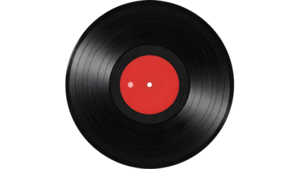 Vinyl record with red label isolated on a transparent background black music