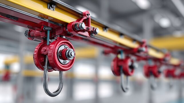A close-up shows the red trolleys and silver hooks of an overhead crane system against the backdrop of an industrial setting. The crane's yellow beam adds contrast.