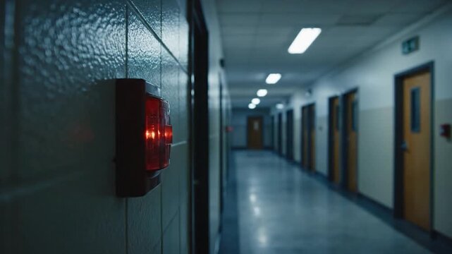 Red flashing fire alarm light in long empty institutional building hallway