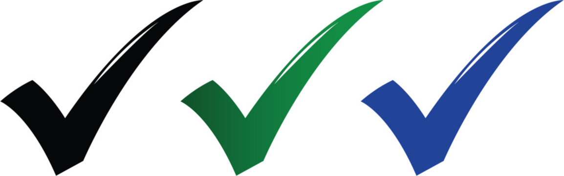 Three vector check marks in black green and blue black check green check isolated on a white background.