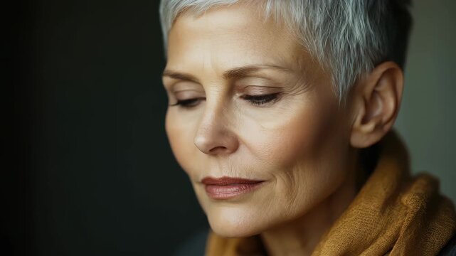 Elderly beautiful woman with a short pixie haircut looking thoughtfully at the camera in a softly lit indoor environment during the late afternoon