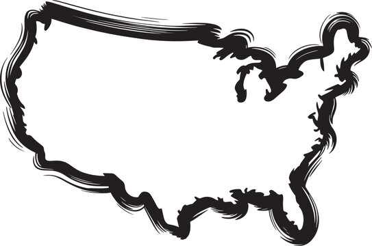 USA map black ink brush stroke drawing stylized texture outline for artistic projects