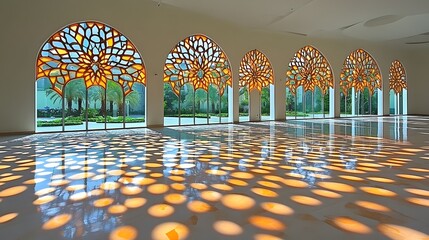 Multiple arched windows featuring intricate geometric designs cast warm light patterns across a polished interior floor