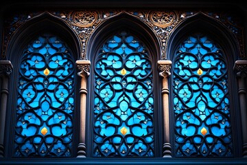Intricate gothic arch windows feature vibrant blue stained glass patterns illuminated from within