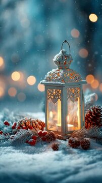 Weihnachtslaterne im Schnee bei kalter Winternacht