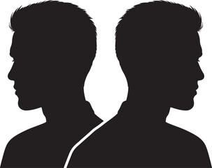 Two silhouettes of men facing opposite directions profile vector art isolated on a white background.
