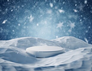 Winter-Themed Product Mockup on Snow with Soft Falling Flakes, Atmospheric Seasonal Scene for Branding and Advertising Displays