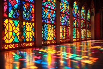 Row of towering arched windows displays intricate multicolored glass casting vibrant light patterns across the polished floor