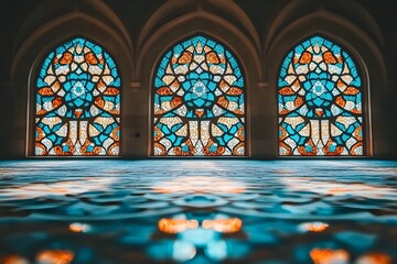 Arched windows featuring intricate stained glass patterns illuminate an interior space
