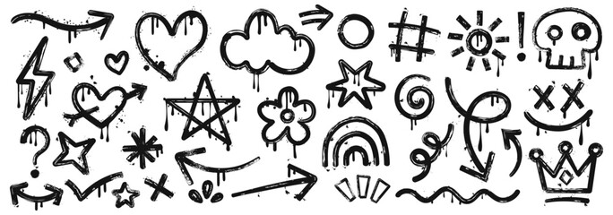 Graffiti Icons with Spray Paint Effect, Urban Street Art Element Set including Arrows, Clouds, Lightning and Skulls, Hand Drawn Grunge Splatters, Drips and Texture Vector Illustrations.