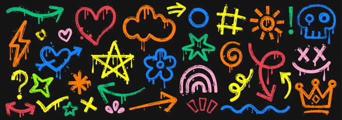 Colorful Graffiti Spray Paint Vector Elements Set on Black Background, Urban Street Art Icons including Rainbow Arrows, Skulls, Hearts, Stars and Crowns with Drips and Splatters
