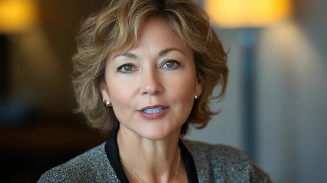 Smiling mature middle aged business woman in a professional setting with warm lighting and a friendly expression