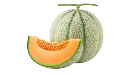Whole cantaloupe melon with fresh slice showing orange flesh and green rind isolated on a transparent background