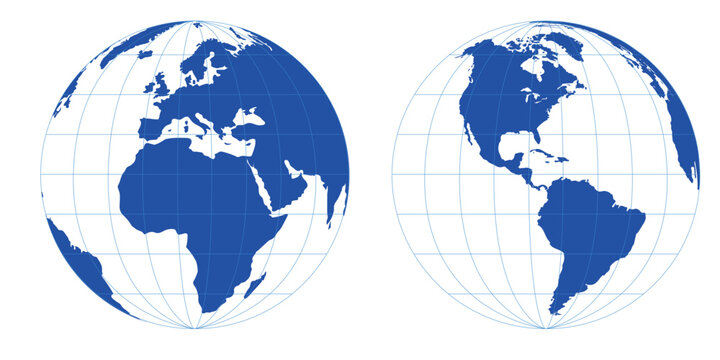 Blue and White World Globe with Geographic Grid, Detailed Earth Map of Europe, Africa and Middle East, Global Navigation and International Concept Illustration