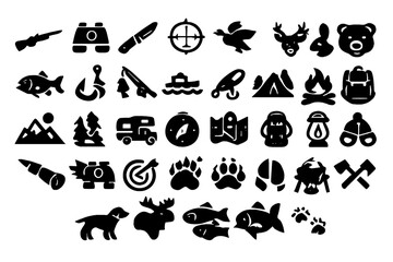 Naklejka premium Monochrome glyphs for hunting, fishing, camping, and wilderness survival equipment