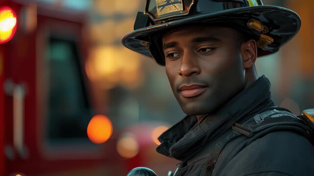 Firefighter in uniform stands beside a red fire truck during sunset with a focused expression on his face