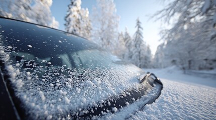 Frosted car windshield in a snowy forest, crisp morning air. Crystal snowflakes clinging to the glass, creating a winter wonderland scene. The sun peeks through the trees.