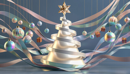 Karta świąteczna z symbolem świąt w postaci choinki bożonarodzeniowej, gwiazdy betlejemskiej, bombek i prezentów świątecznych.