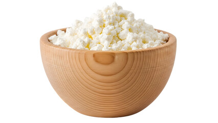 Wooden bowl filled with white cottage cheese isolated on a transparent background food dairy product