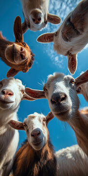 Close-up view of 10 goats, curiously looking at camera from a sky-background phone wallpaper Sheep exhibit diverse colors and textured wool Perspective is upward, highlighting intimat - AI-Generated
