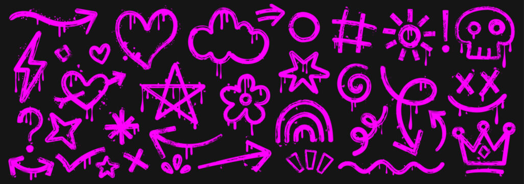 Neon Pink Graffiti Spray Paint Vector Elements on Black Background, Urban Street Art Icons Set with Drips and Splatters, Hand Drawn Arrows, Skulls, Hearts, Stars, Crowns and Funky Grunge Symbols