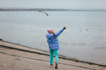 A beautiful teenage girl, a dreamy child, walks along the embankment against the backdrop of the sea, feeding birds and seagulls.