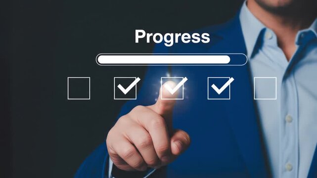 Businessman interacting with digital progress bar and checkboxes