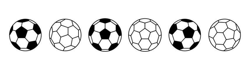 Set of six black and white vector soccer ball icons arranged in a row, featuring both classic filled designs and simple line art outlines, isolated on a white background for sports logos © laurence