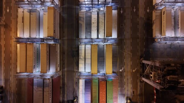 Aerial drone view of Ashdod Port in Israel with shipping containers, cargo ships and vehicle storage yards along the harbor. Industrial seaport showing global trade, import and export logistics, trans