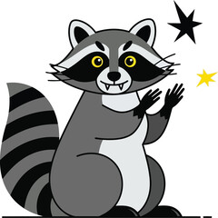 Cute cartoon raccoon waving with stars