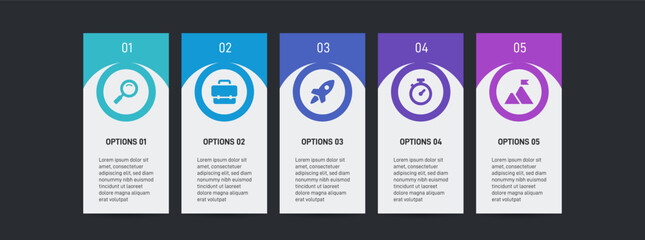 Progress bar featuring 5 arrow-shaped elements, symbolizing the five stages of business strategy and progression. Clean timeline infographic design template. Vector for mobile presentation.