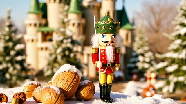 A charming Nutcracker soldier guards walnuts and a whimsical castle. A fairytale atmosphere of New Year and Christmas, Christmas Eve, magic and witchcraft