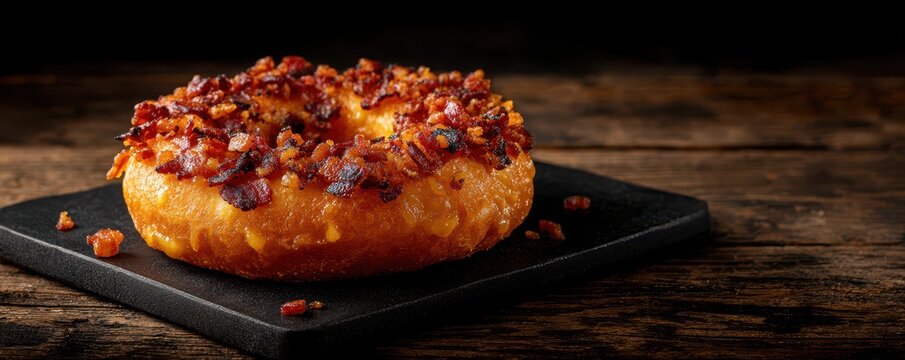 Savory-sweet donut with a golden glaze, generously topped with caramelized bacon crumbles, placed on a black slate against a rustic wooden background.