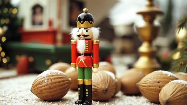 A charming Nutcracker soldier guards walnuts and a whimsical castle. A fairytale atmosphere of New Year and Christmas, Christmas Eve, magic and witchcraft