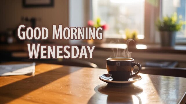 Cozy Good Morning Wednesday with steaming coffee and soft sunlight