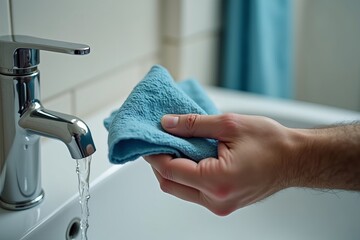 Man's hand holding blue napkin under leaking bathroom pipe viewed in close-up