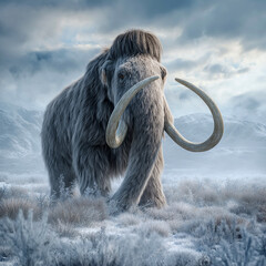 Woolly mammoth standing in a frosty, snowy landscape with a dramatic, cloudy sky in the background. The mammoth's long, curved tusks and thick, woolly fur are prominently featured.