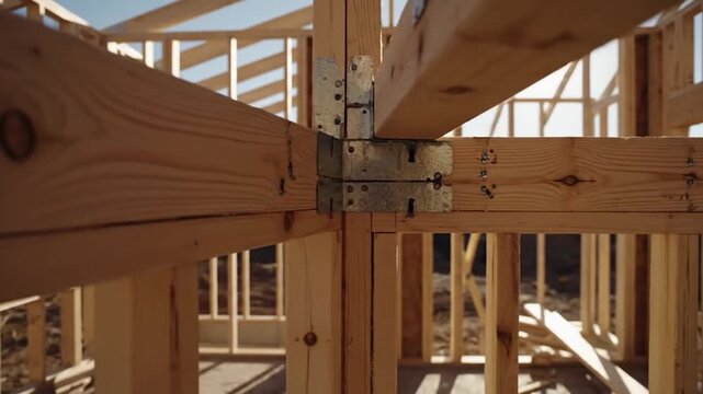 Residential building frame construction with wooden timber and bright sunlight