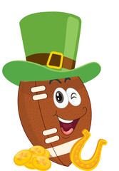 Cute cartoon American football character for St. Patrick&rsquo;s Day, wearing green leprechaun hat with shamrocks, gold coins and festive Irish mood.